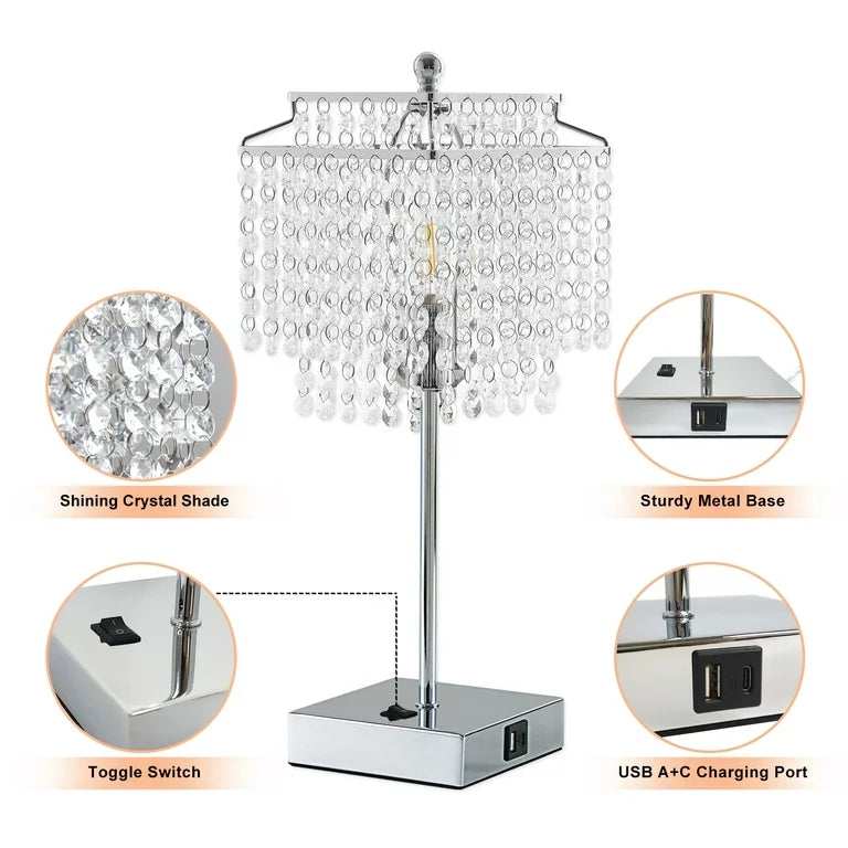 Crystal Table Lamp with USB A+C Charging Port, Modern Silver Crystal lamp for Bedroom, Living Room