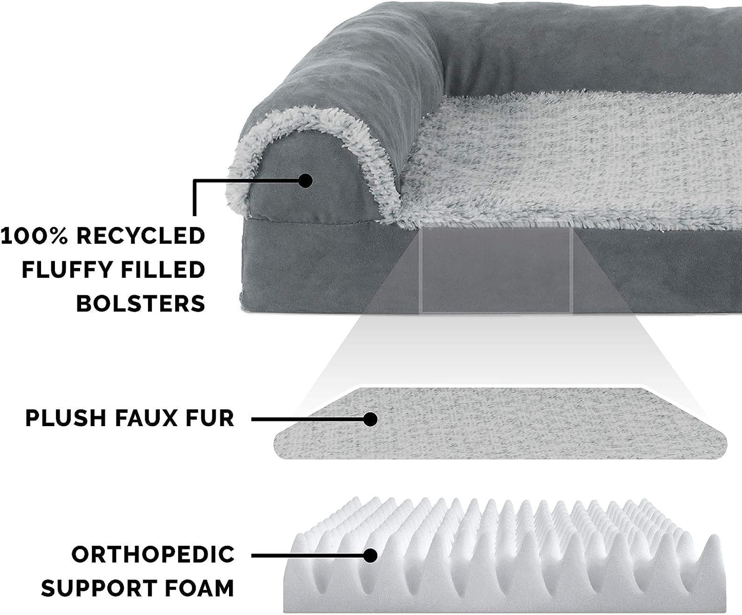 FurHaven Pet Products Two-Tone Faux Fur & Suede Deluxe L-Chaise Memory Top Sofa-Style Pet Bed for Dogs & Cats - Stone Gray, Medium