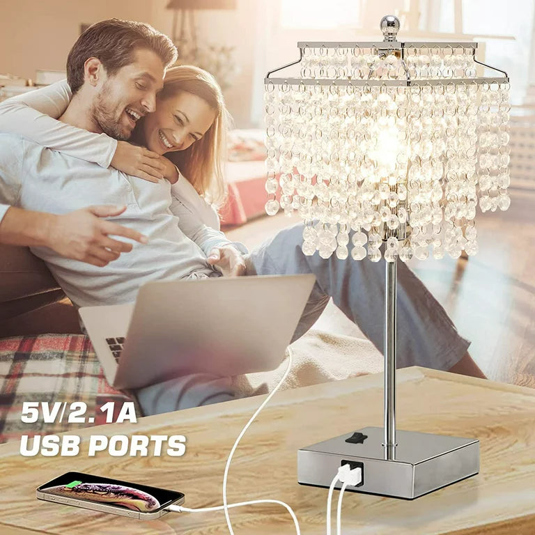 Crystal Table Lamp with USB A+C Charging Port, Modern Silver Crystal lamp for Bedroom, Living Room