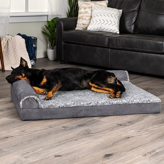 FurHaven Pet Products Two-Tone Faux Fur & Suede Deluxe L-Chaise Memory Top Sofa-Style Pet Bed for Dogs & Cats - Stone Gray, Medium