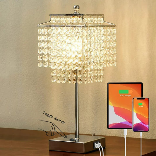 Crystal Table Lamp with USB A+C Charging Port, Modern Silver Crystal lamp for Bedroom, Living Room