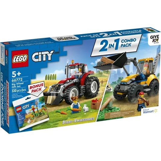 City Big Wheel Gift Set 66772, 2in1 Tractor and Construction Digger Building Toy Sets Plus Farm Garden & Scarecrow Bonus Pack, Great Gift for Boys and Girls Ages 5 and up