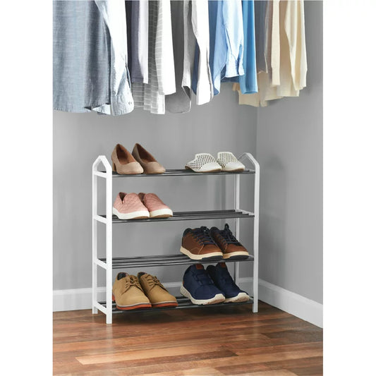 4-Tier Shoe Rack White Plastic Frame, Gray Coating, up to 12 Pairs