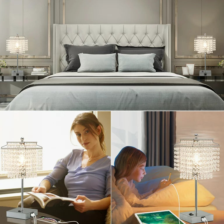 Crystal Table Lamp with USB A+C Charging Port, Modern Silver Crystal lamp for Bedroom, Living Room